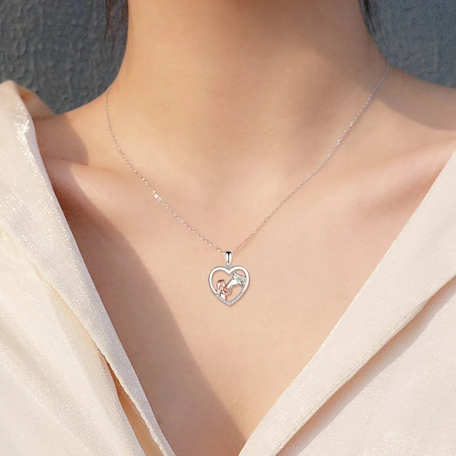 Girls and Horse Pendant Necklace Sterling Silver Gifts for Women Girls - Bellarte Enchanté Girls and Horse Pendant Necklace Sterling Silver Gifts for Women Girls